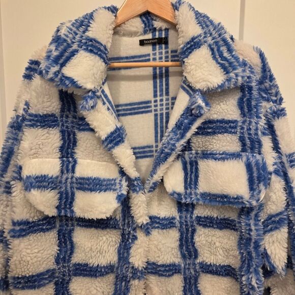 Boohoo Oversized Check Wool Look Coat Blue & White Sherpa Size 2 - Picture 3 of 8